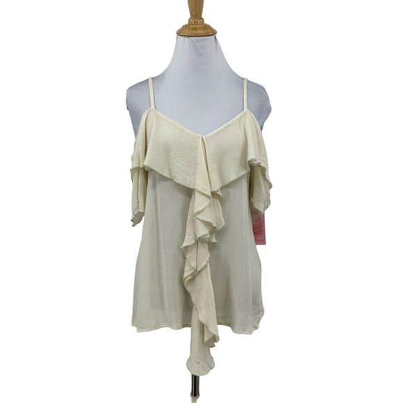 One The Land Tank Top Womens S Small Ivory Ruffle Overlap Cold Shoulder Cami - Picture 1 of 14